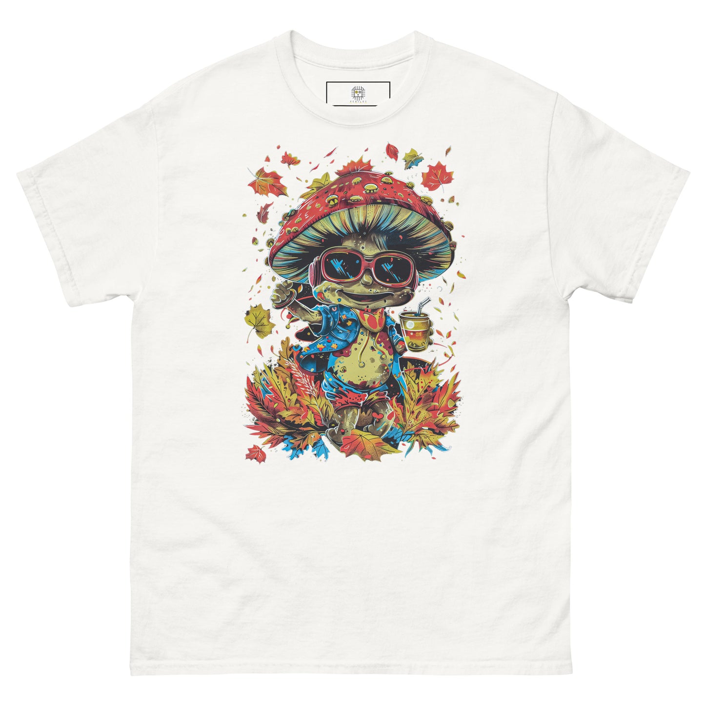 A white T-shirt with the colorful mushroom character design, shown flat.