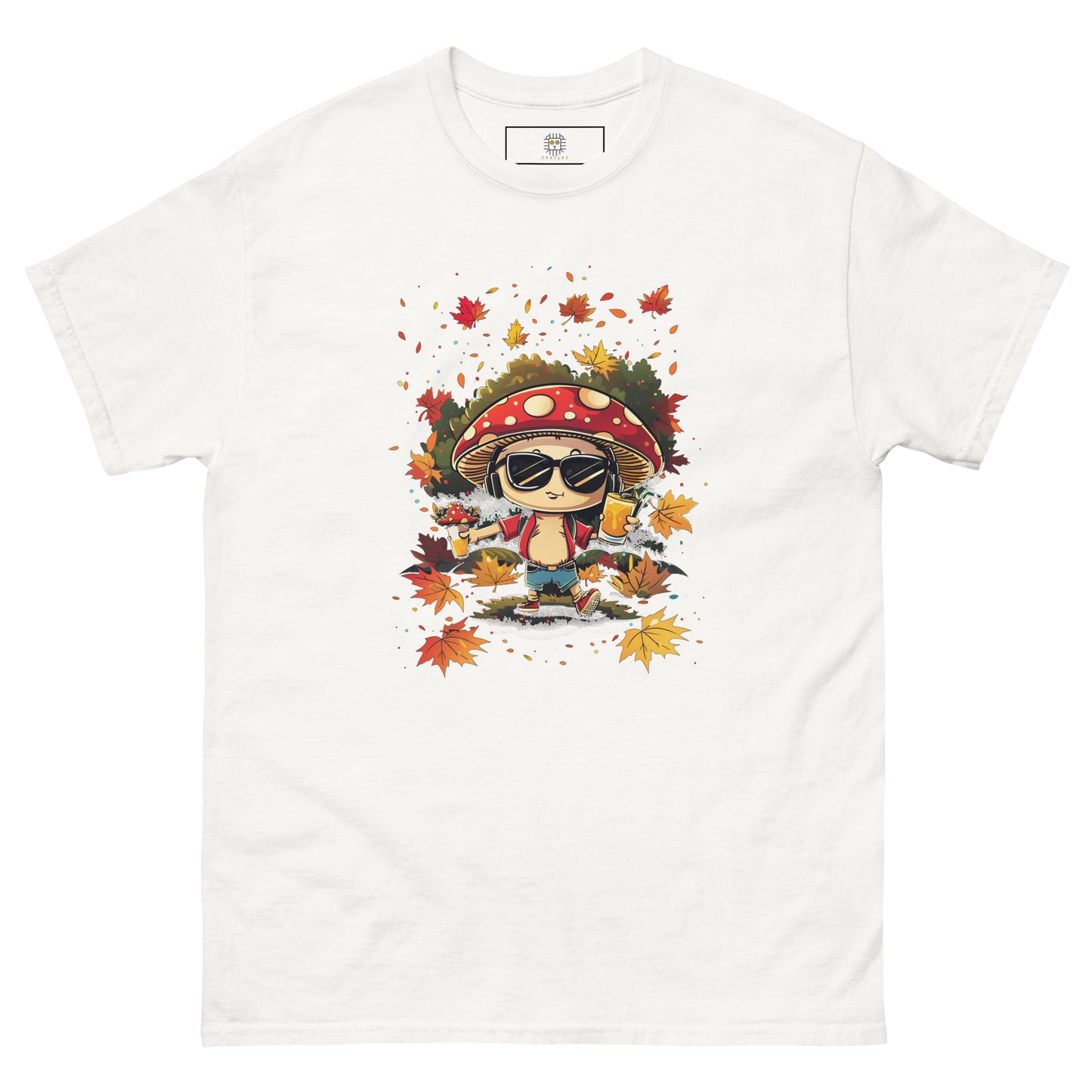 White T-shirt flat lay with colorful mushroom illustration.