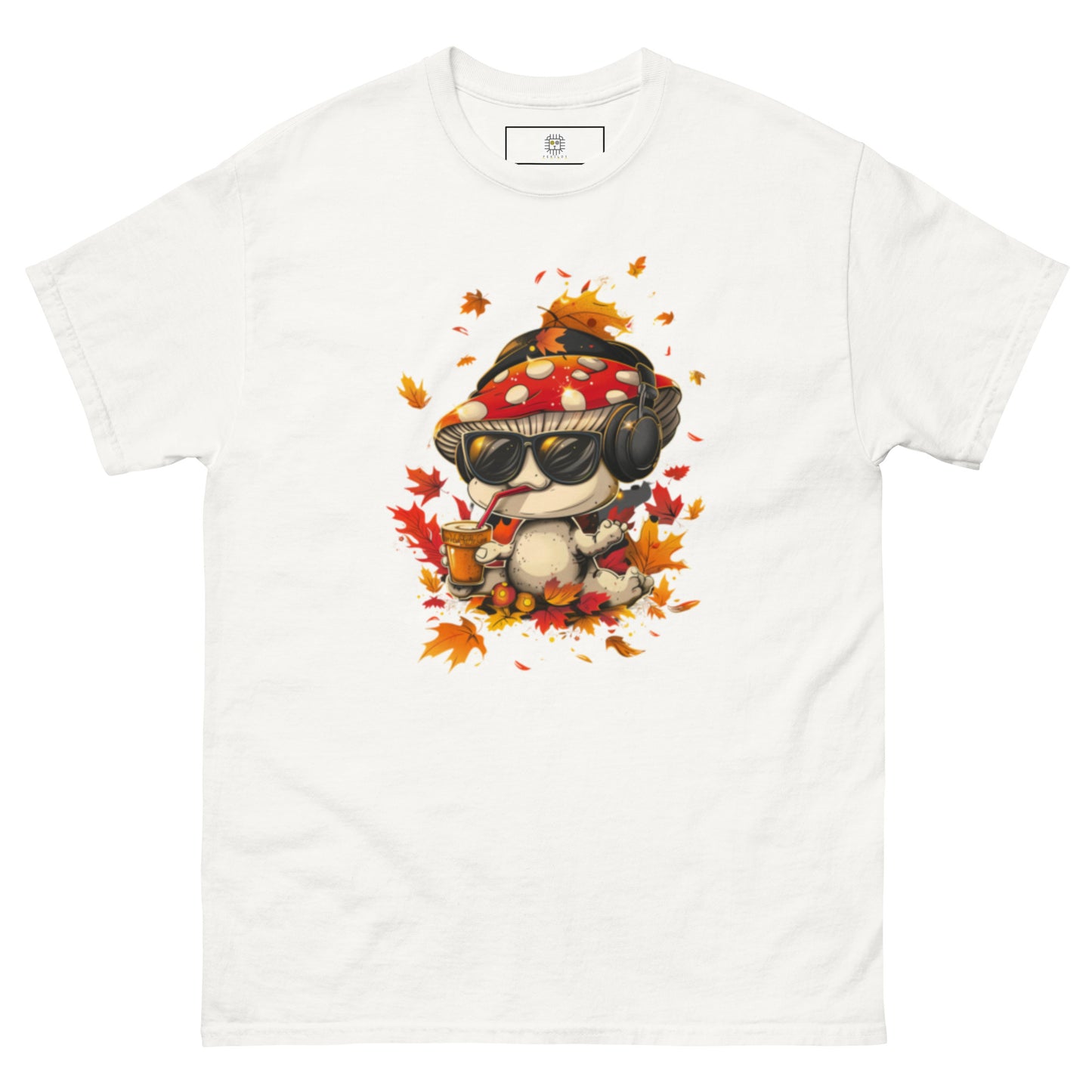 White unisex t-shirt showcasing autumn mushroom illustration in vibrant colors.
