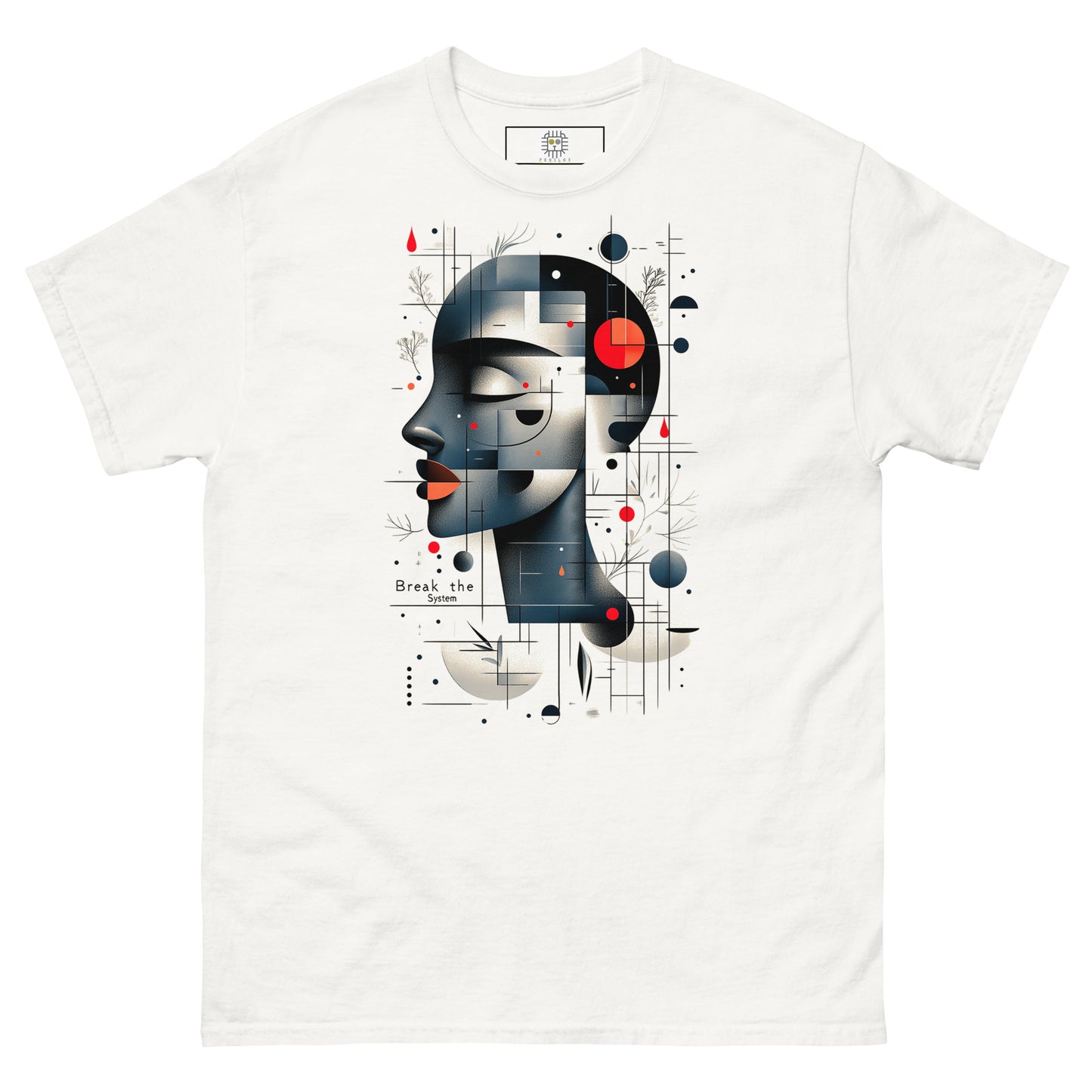Abstract geometric female face t-shirt design on white unisex tee