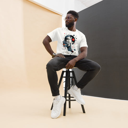 Man wearing abstract art portrait t-shirt, sitting on chair in studio