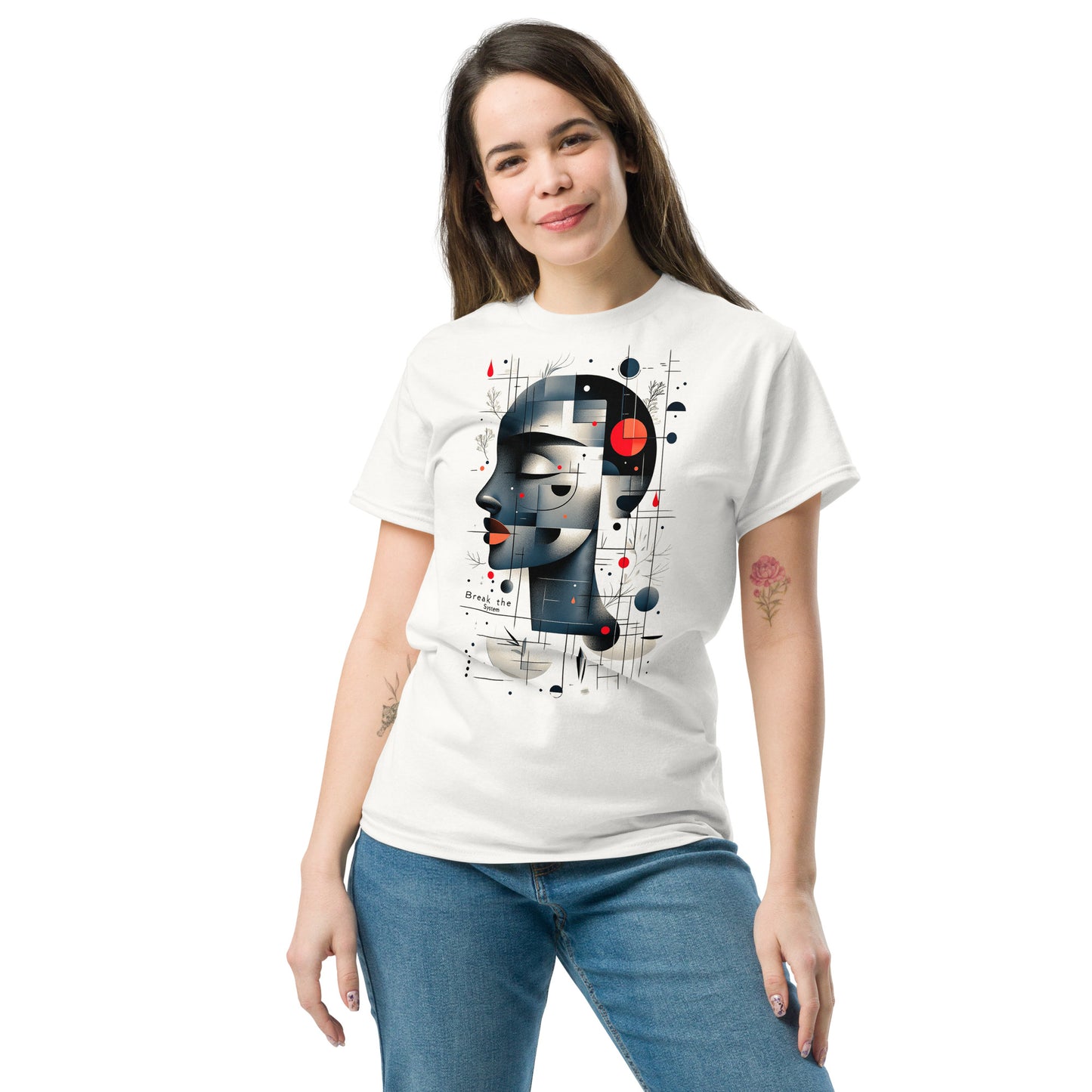 Woman wearing abstract geometric portrait t-shirt, casual outfit
