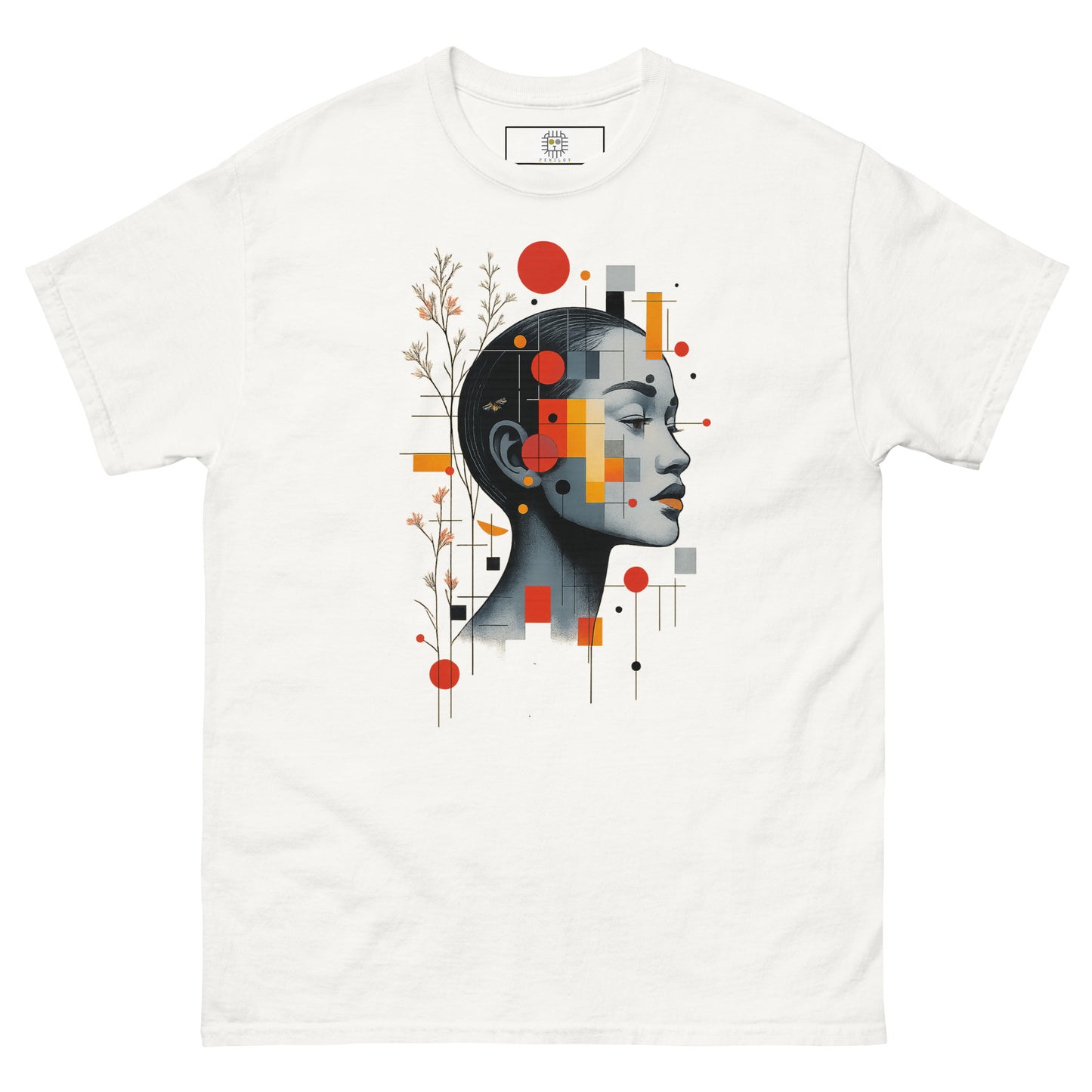 Abstract geometric female portrait t-shirt design on white unisex tee