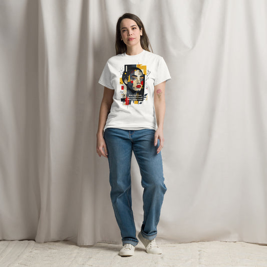 Woman wearing white abstract art t-shirt with colorful geometric portrait design