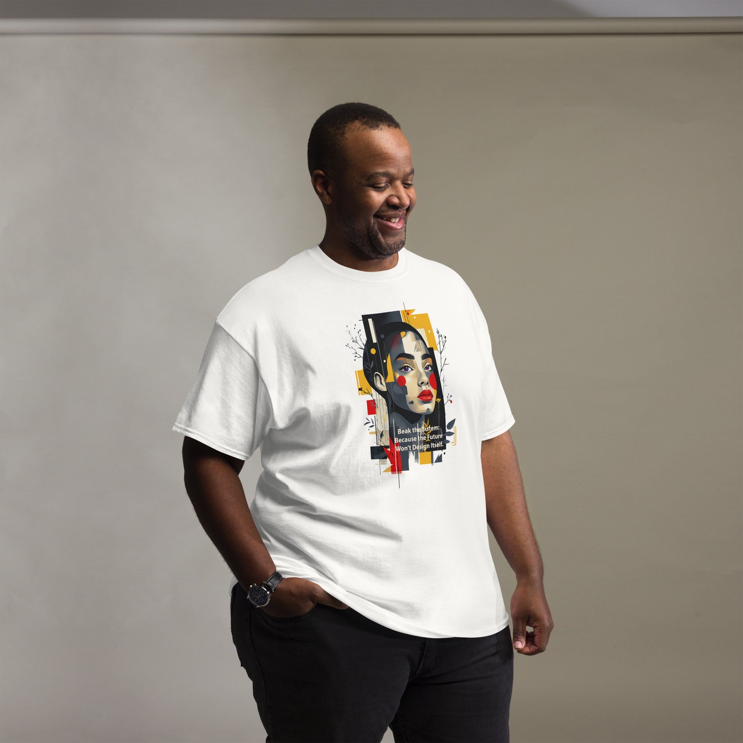 Man wearing white graphic t-shirt with modern abstract face print on the front