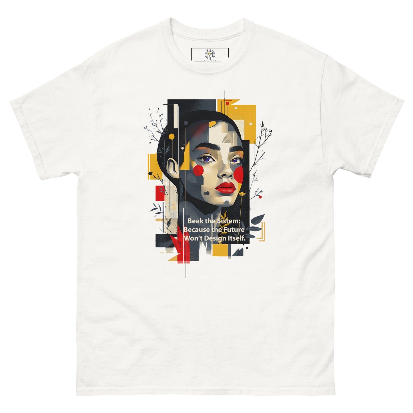 White unisex t-shirt with bold abstract female portrait and slogan print on the front