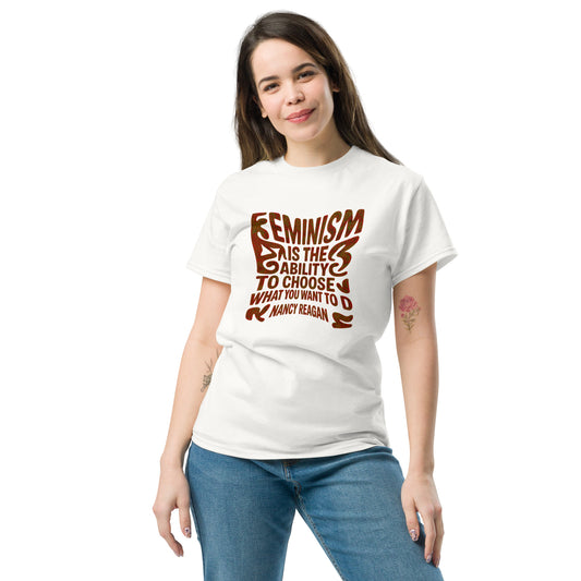 Woman wearing white feminist quote t-shirt with bold brown text – Sisterhood Club Collection