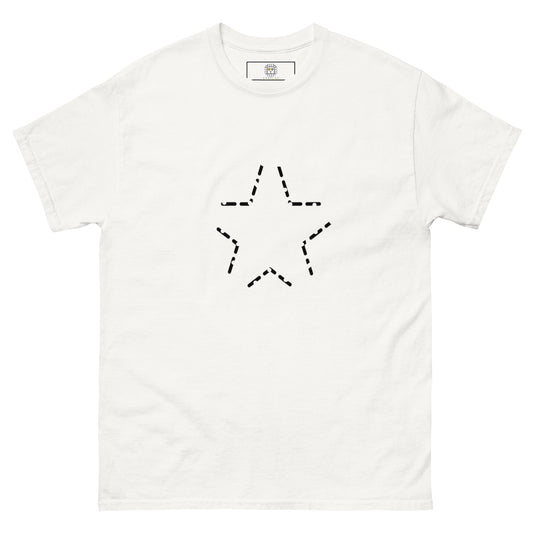 Front view of a white t-shirt featuring a dashed black star graphic centered on the chest. The broken line creates a light, unfinished outline rather than a solid symbol.
