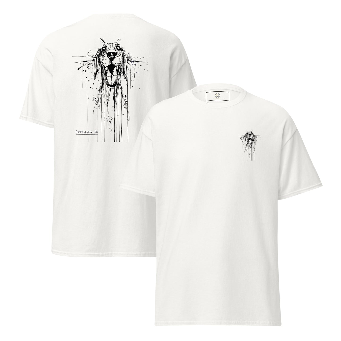 White T-shirt, front view, hand-drawn Beagle with quote "Miss You",