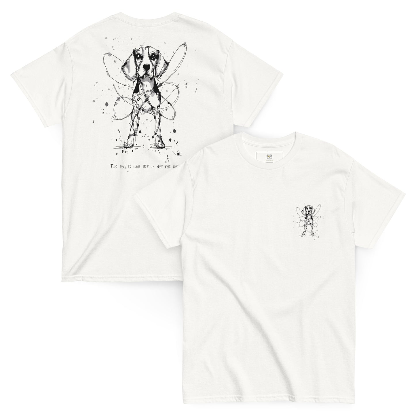 White unisex T-shirt – black ink Beagle dog illustration, front and back view.