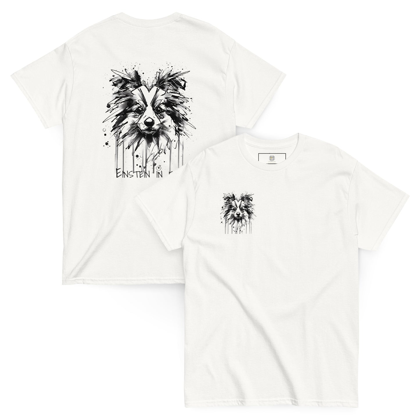 White unisex T-shirt – black ink Border Collie dog illustration, front and back view.