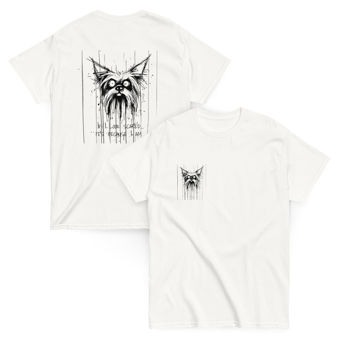 Grey ligth T-shirt, front view, Yorkshire Terrier drawing with text "Scared".