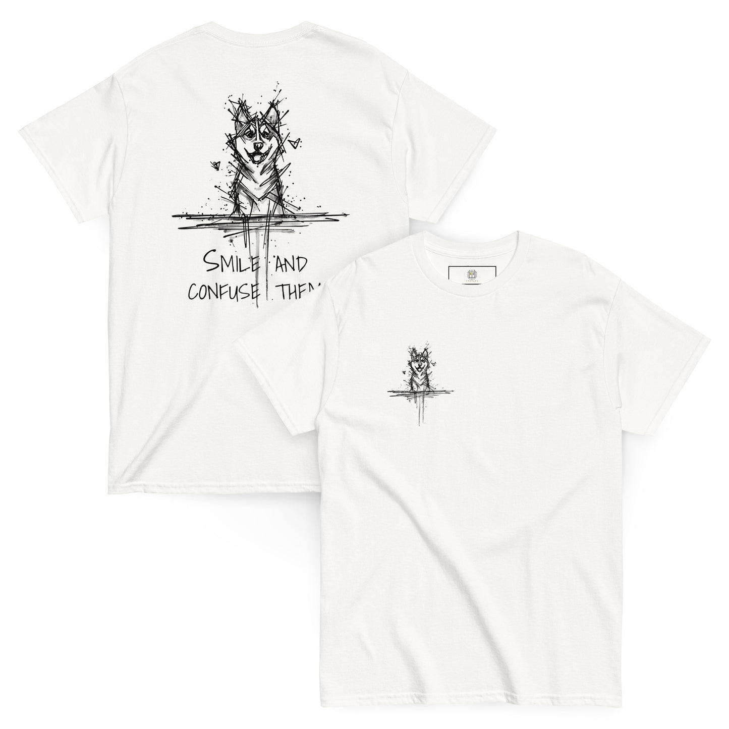 Flat lay white T-shirt with Siberian Husky illustration and text "Confuse". Minimalist design for Husky lovers and streetwear fans.