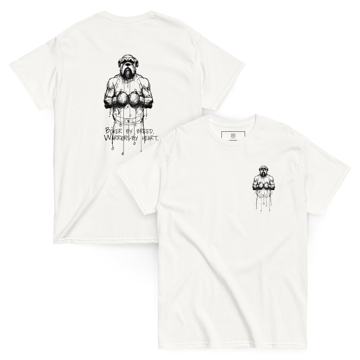Pair of white unisex tees with hand-drawn Boxer art. Timeless and versatile, easy to match with any wardrobe.
