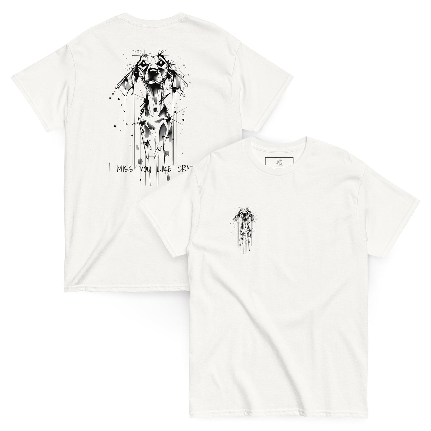 White unisex T-shirt – black ink Beagle dog illustration, front and back view.