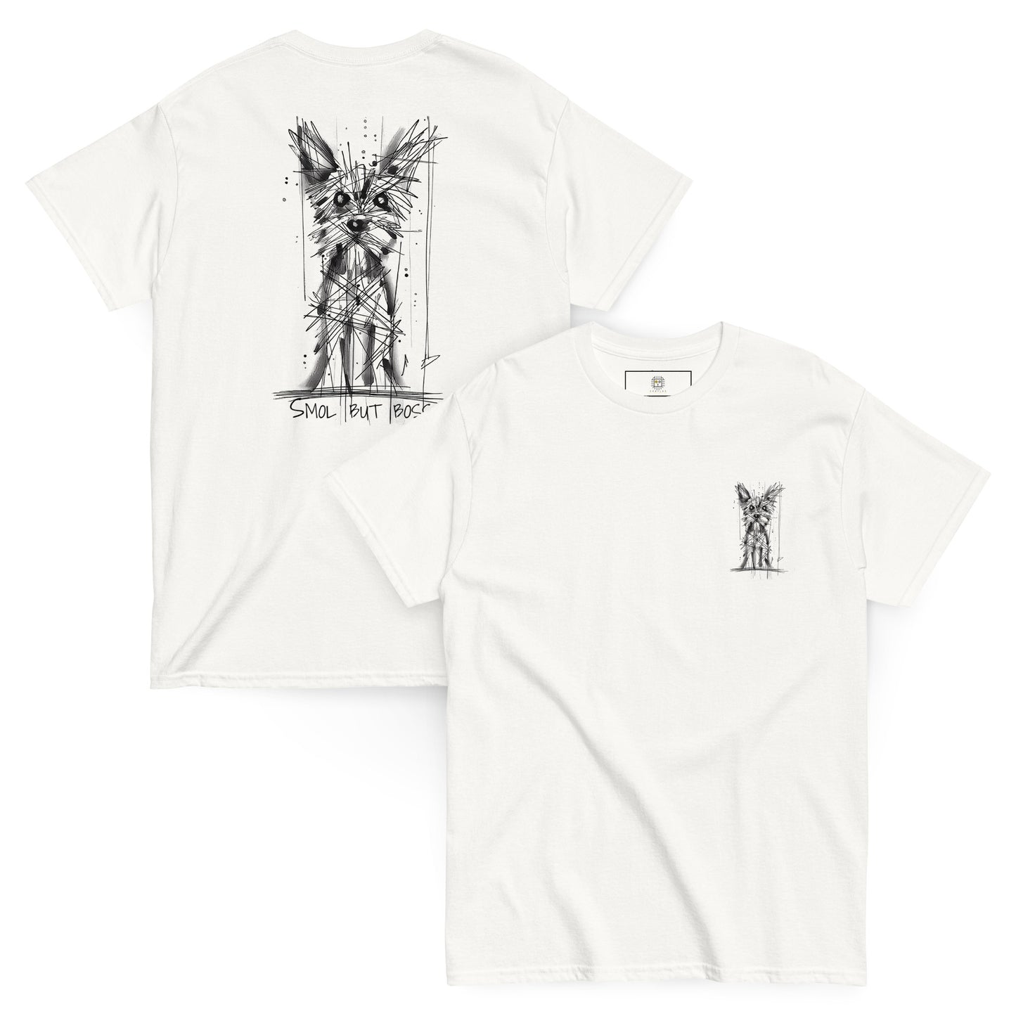Light gray unisex T-shirt – black ink Yorkshire Terrier dog illustration, front and back view.