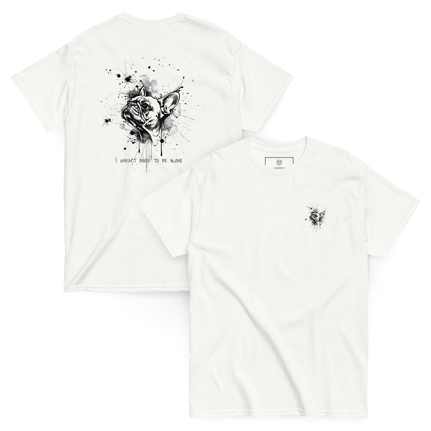 White unisex T-shirt – black ink French Bulldog illustration, front and back view.
