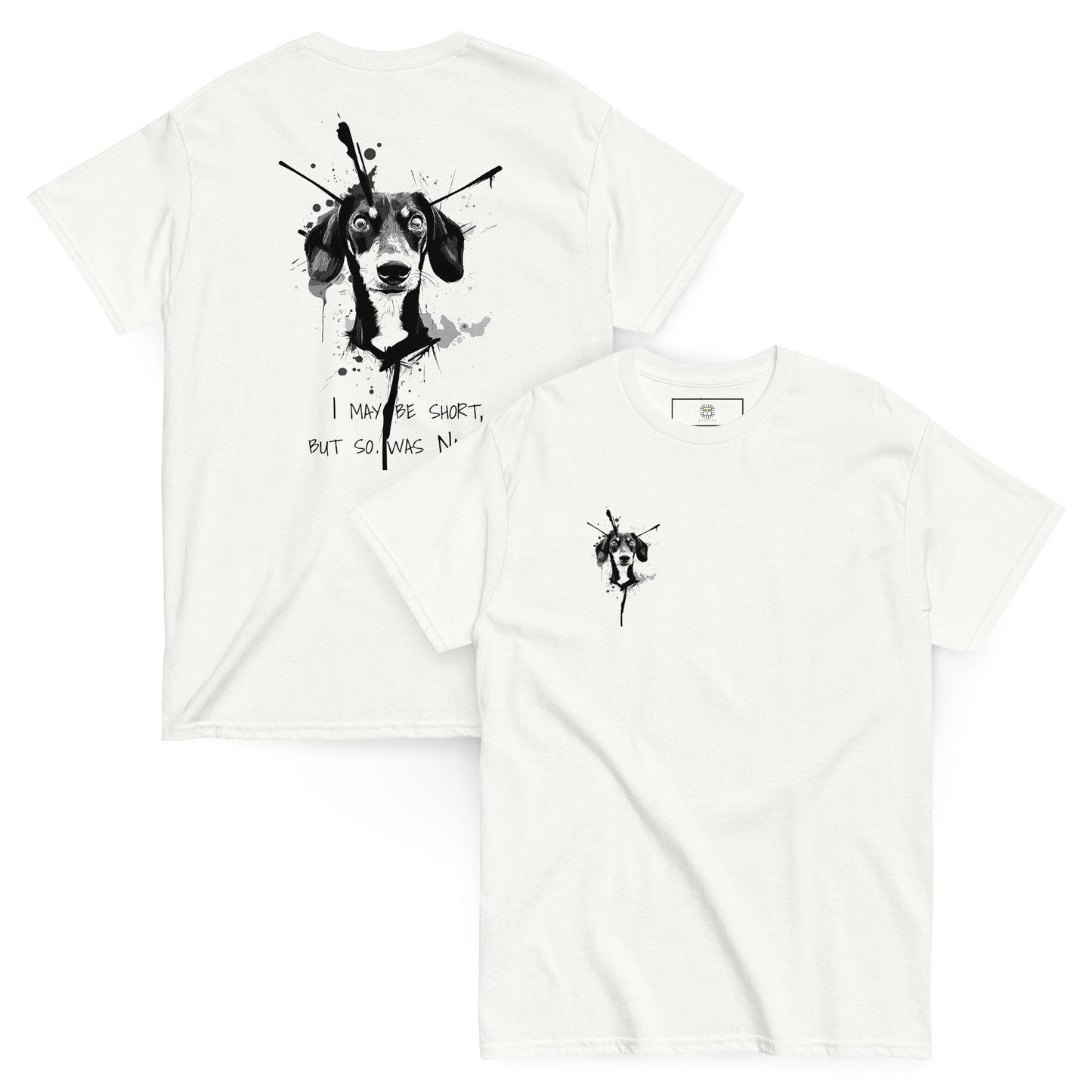 Double pack of white unisex T-shirts with the Dachshund Napoleon line art. Clean and versatile, perfect for any wardrobe.