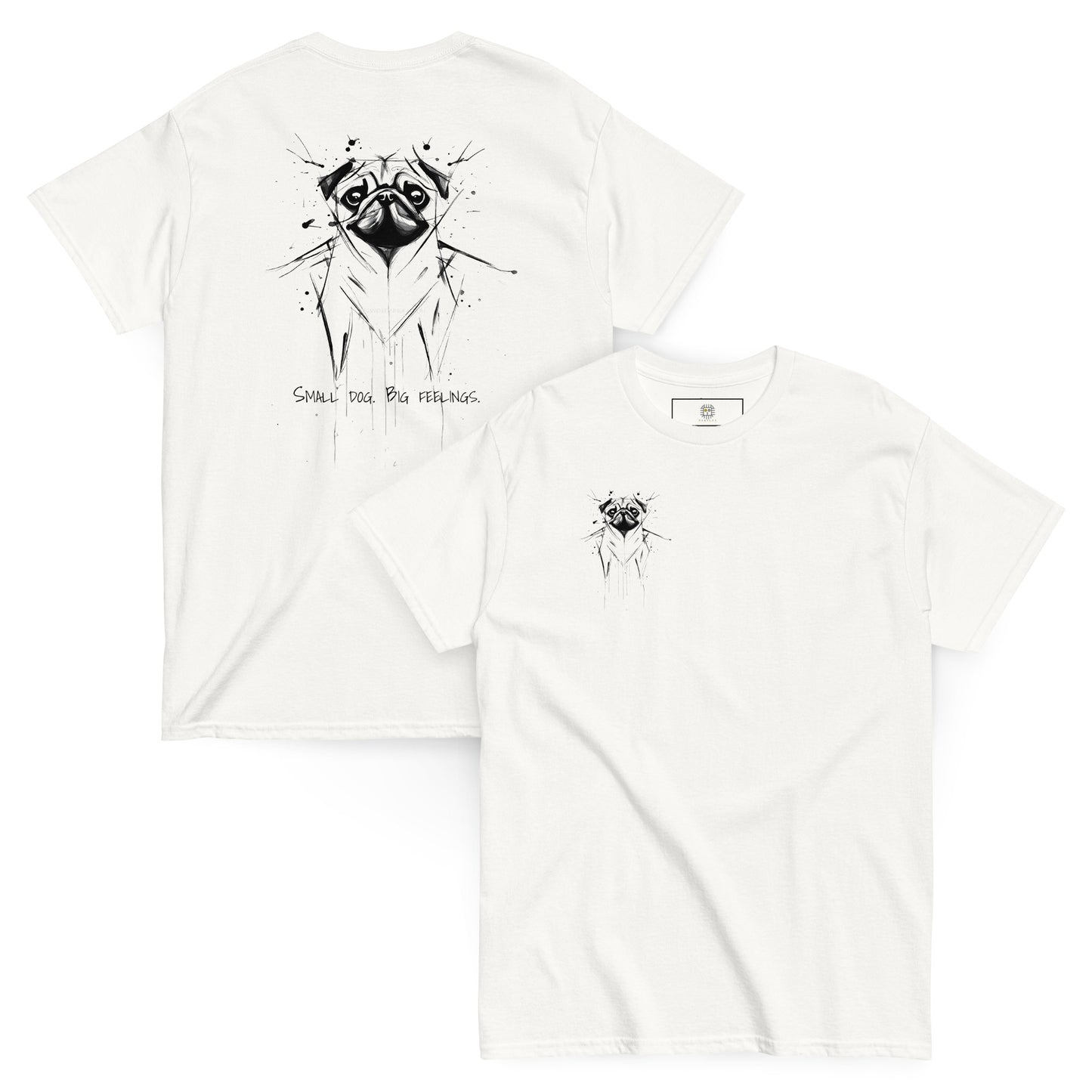 White unisex T-shirt – black ink pug illustration, back view on male model.