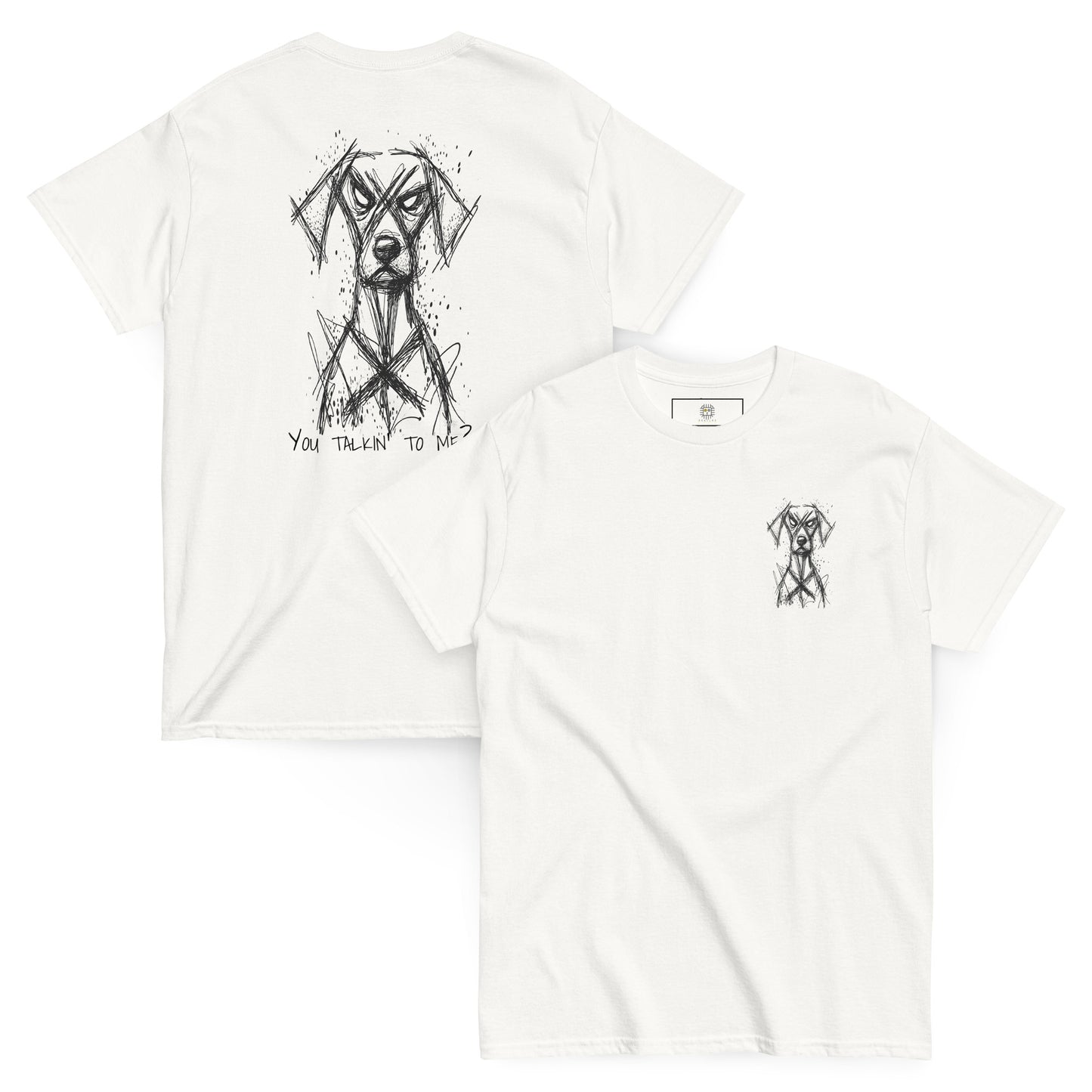 White unisex T-shirt – black line art dog boxer illustration, front and back view.