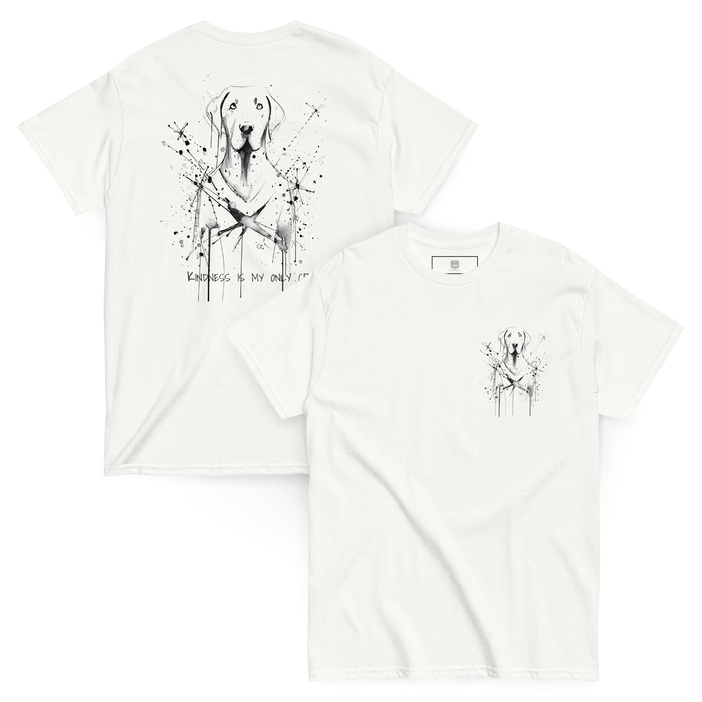 White unisex T-shirt – abstract black line art dog, back view