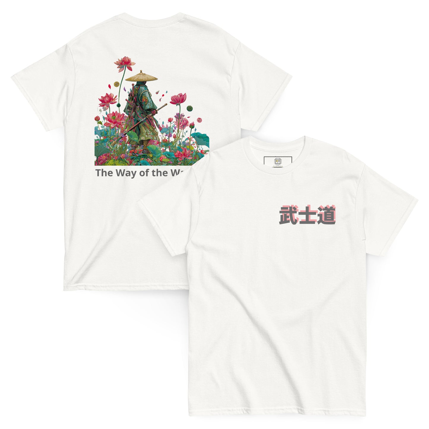 White unisex T-shirt – The Way of the Warrior samurai design, front view.