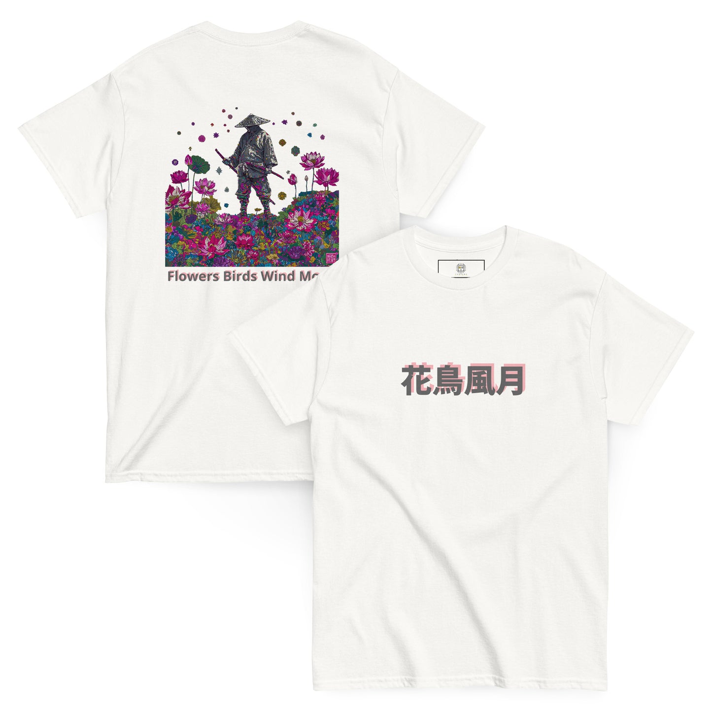 White unisex T-shirt – Flowers and moon samurai design, back view.