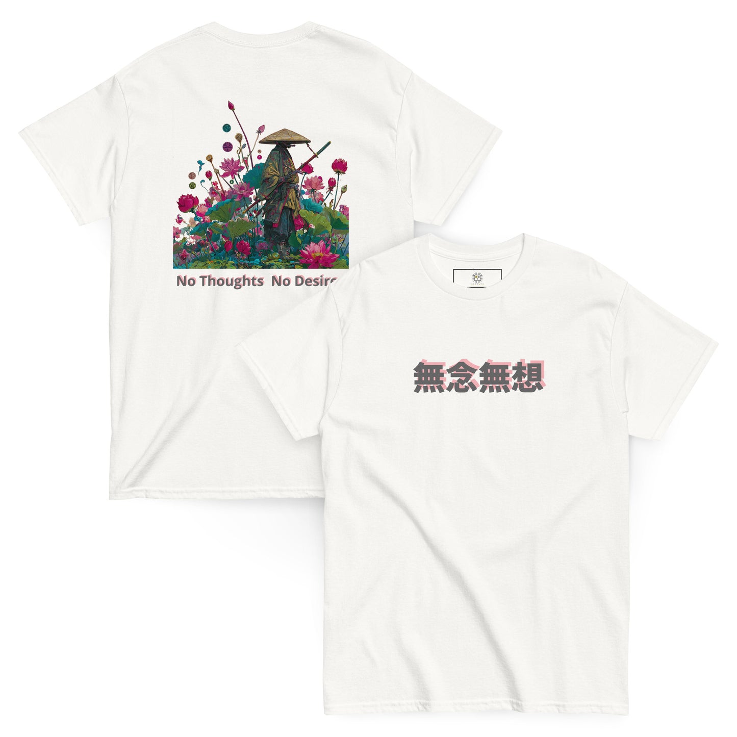 White unisex T-shirt – Samurai in the Blooming Lotus, front view.
White unisex T-shirt – Samurai in the Blooming Lotus, back view.