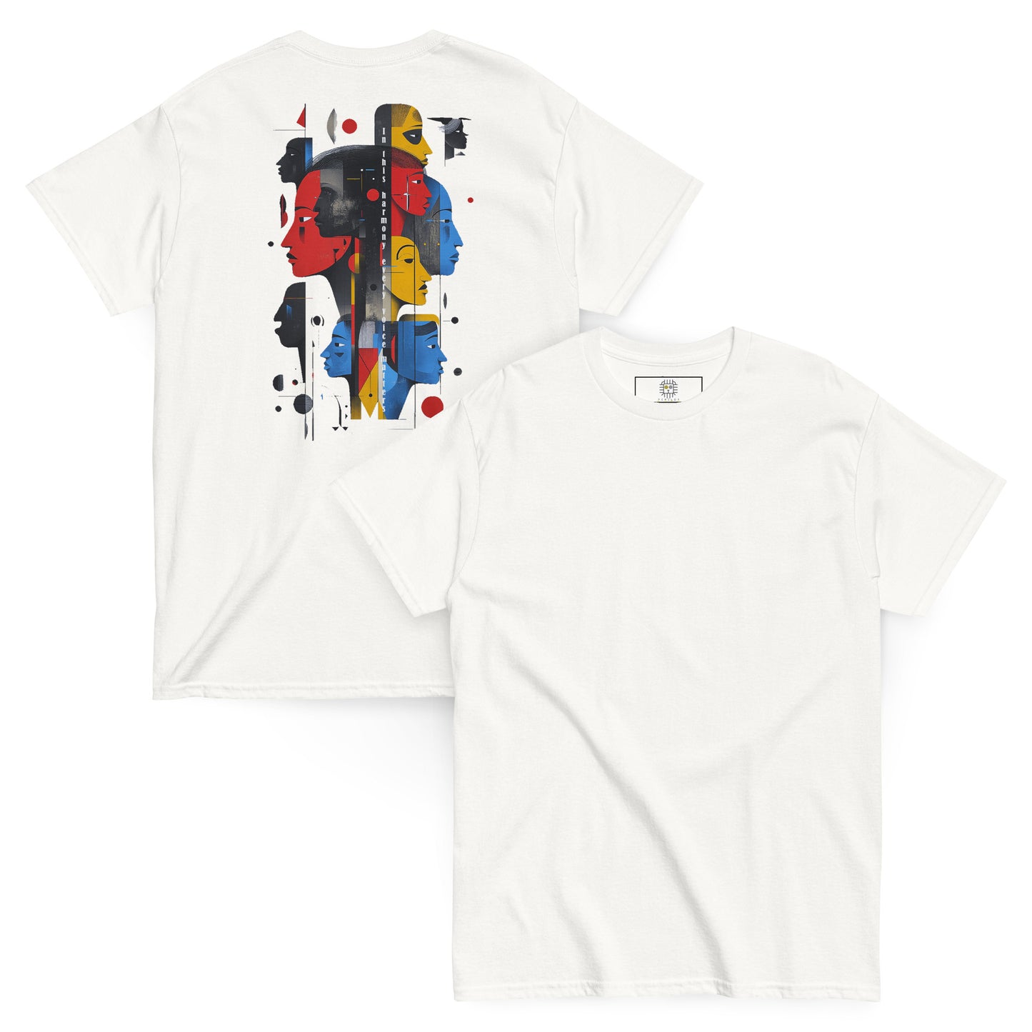 White unisex t-shirt with large abstract geometric portrait print on the back