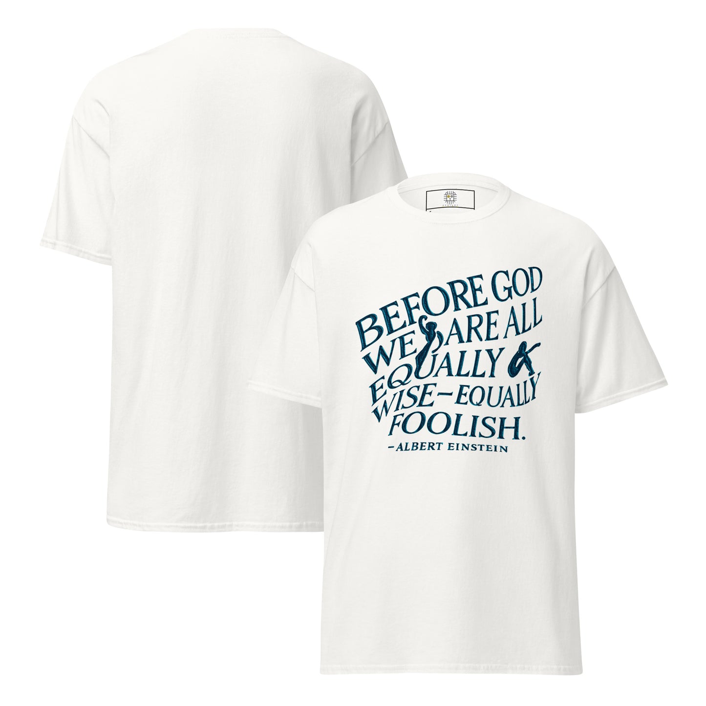 Woman wearing white feminist quote t-shirt with teal typography – Sisterhood Club Collection