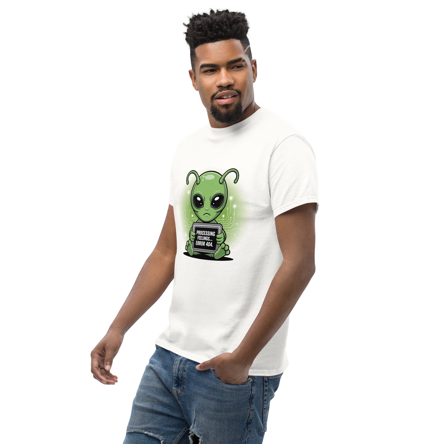 Male model in a white t-shirt with Zoggy-42 alien design holding sign "I Promise I Don’t Bite".