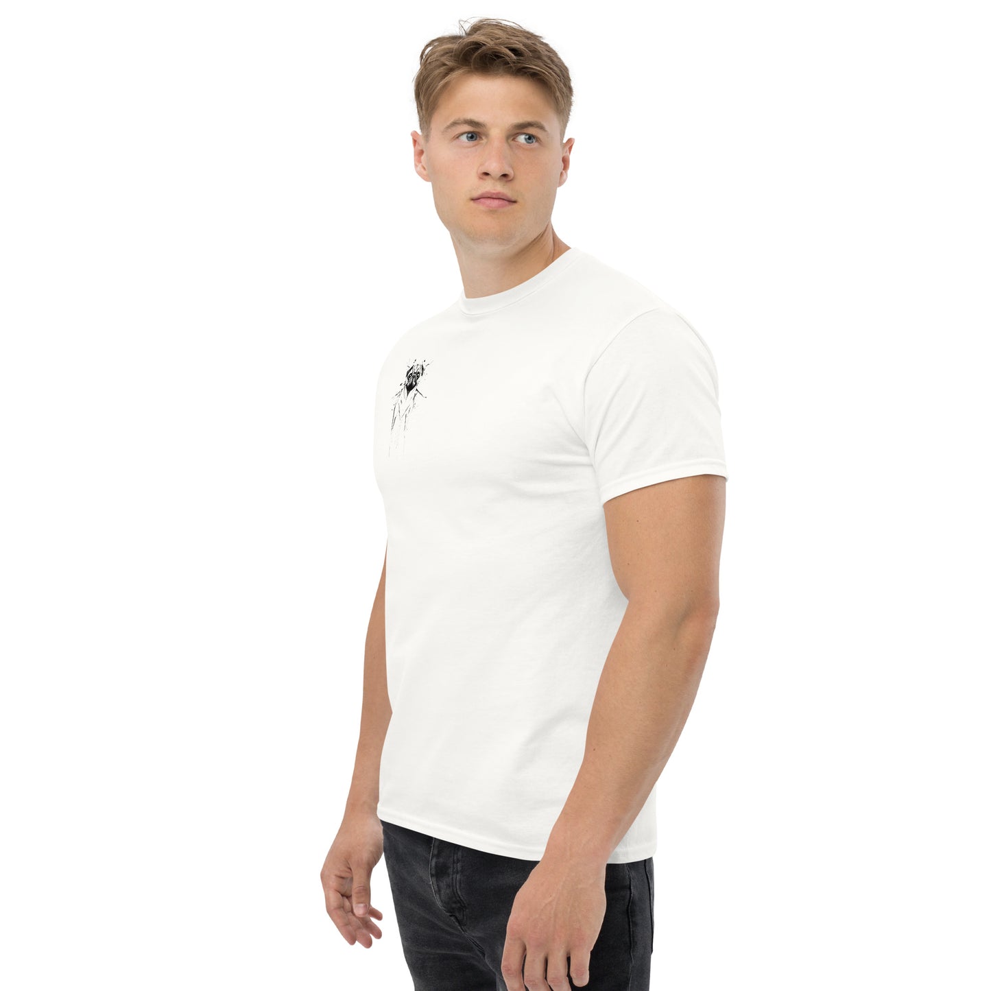 White unisex T-shirt – black ink pug illustration, front view on male model.
