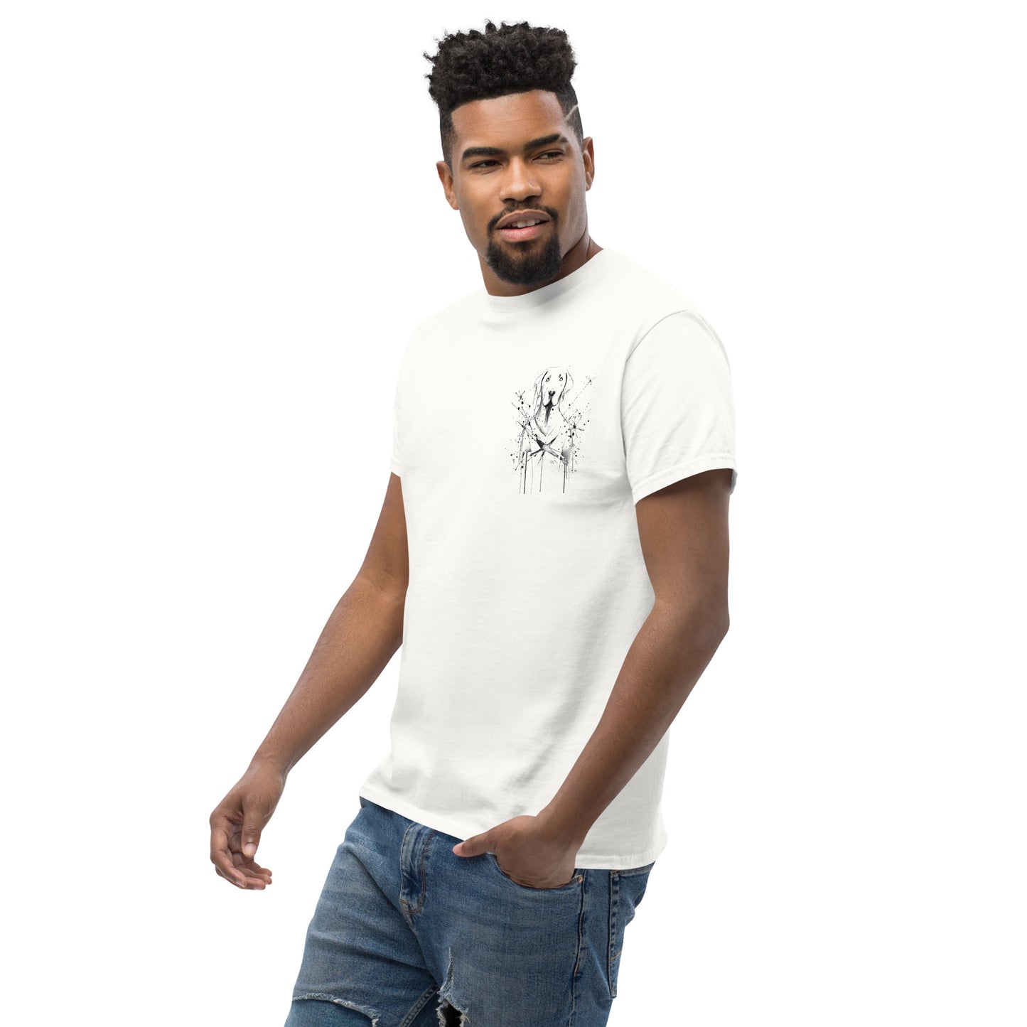 White unisex T-shirt – abstract black line art dog, front view on male model.