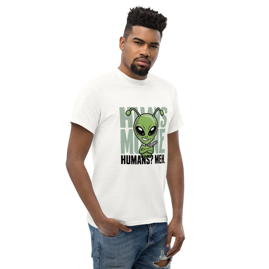Male model wearing white T-shirt — front print: green alien face above text HOW’S MY MOOD? HUMANS? MEH.