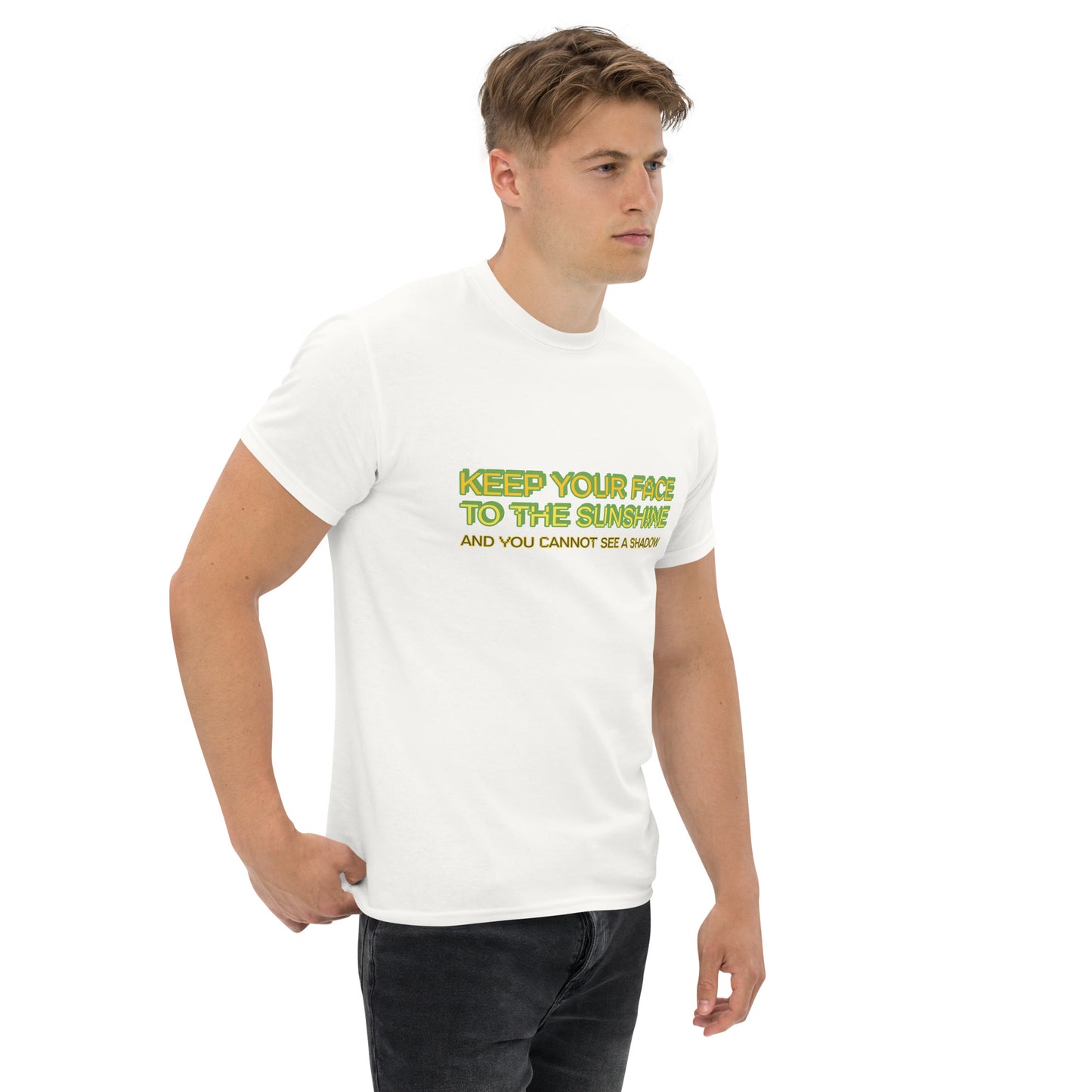 Male model wearing white T-shirt with green text: LOSING MY MIND LOVE CHAOS