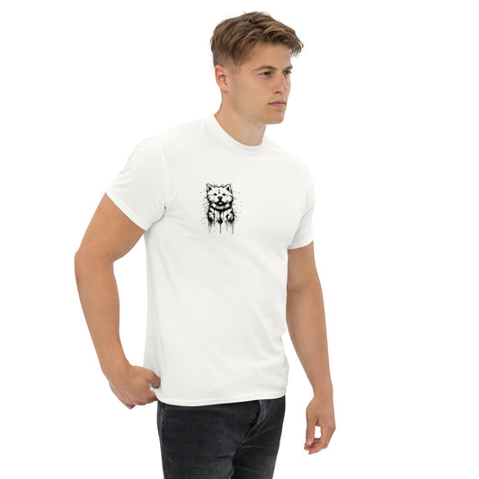 White unisex T-shirt – black ink Shiba Inu dog illustration, front view on male model.
