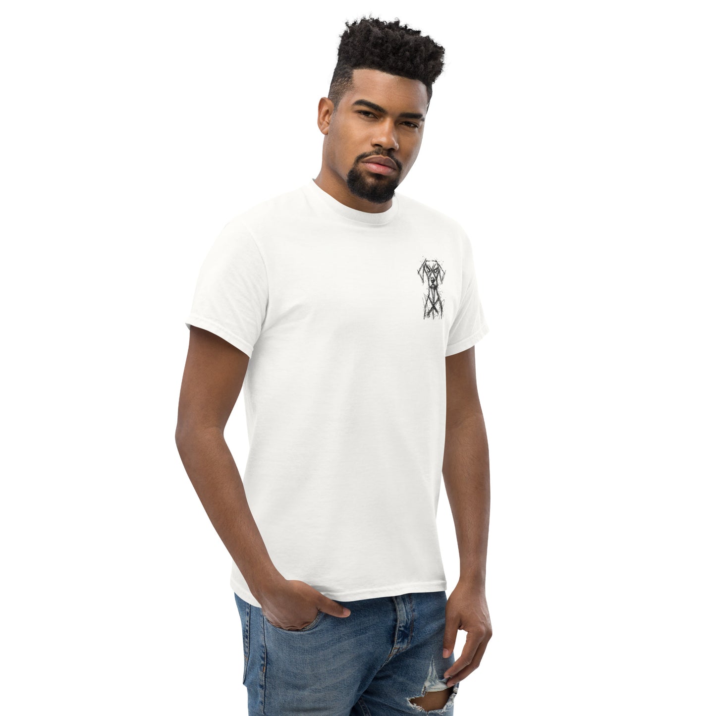 White unisex T-shirt – black line art dog boxer illustration, front view on male model.