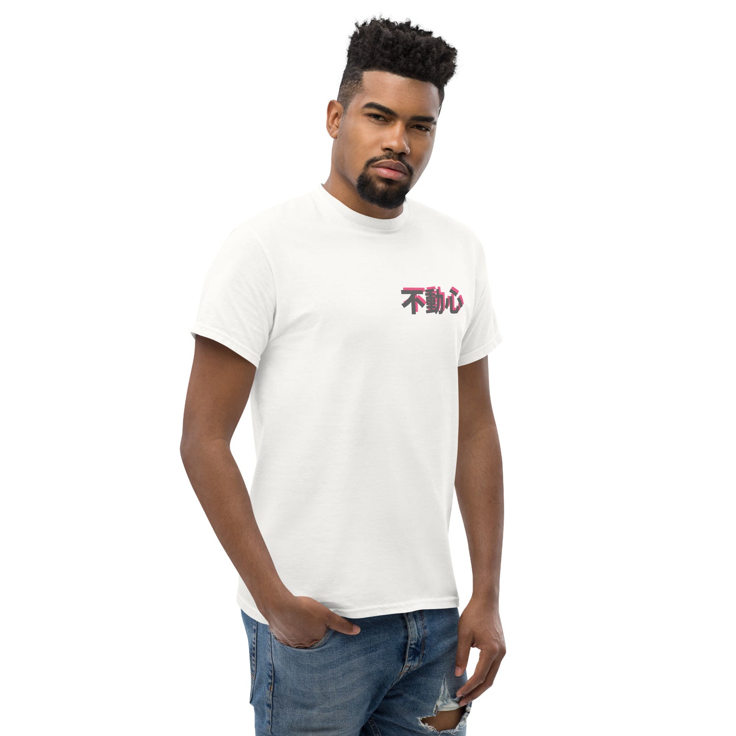 Light blue unisex T-shirt – Immovable samurai design, front view.