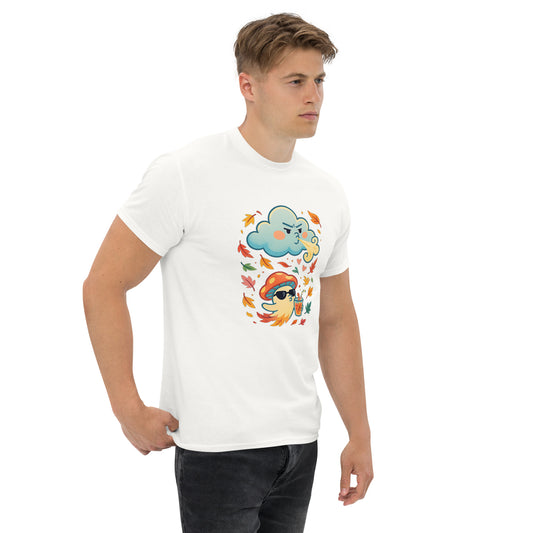 Male model in white T-shirt – Man wearing white graphic tee with funny mushroom design, MushLOL Collection.