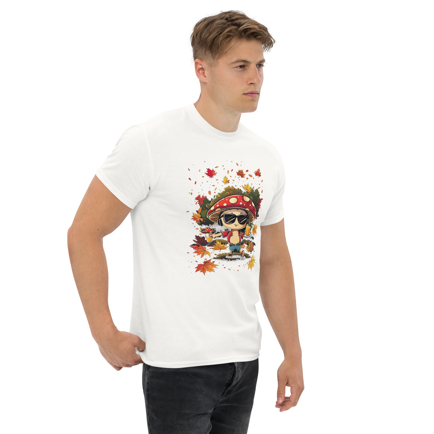 White T-shirt on a male model, highlighting the mushroom with drink and headphones.