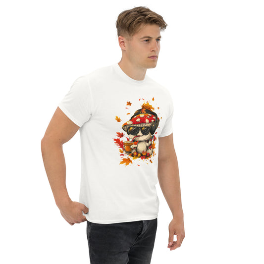 Male model wearing a white t-shirt with mushroom illustration and colorful falling leaves.