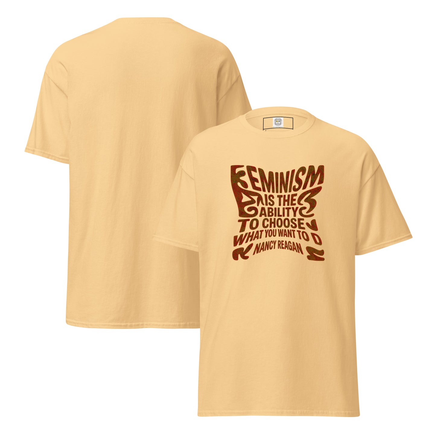 Yellow t-shirt with bold brown text “Feminism means equality, nothing more, nothing less” – Sisterhood Club Collection