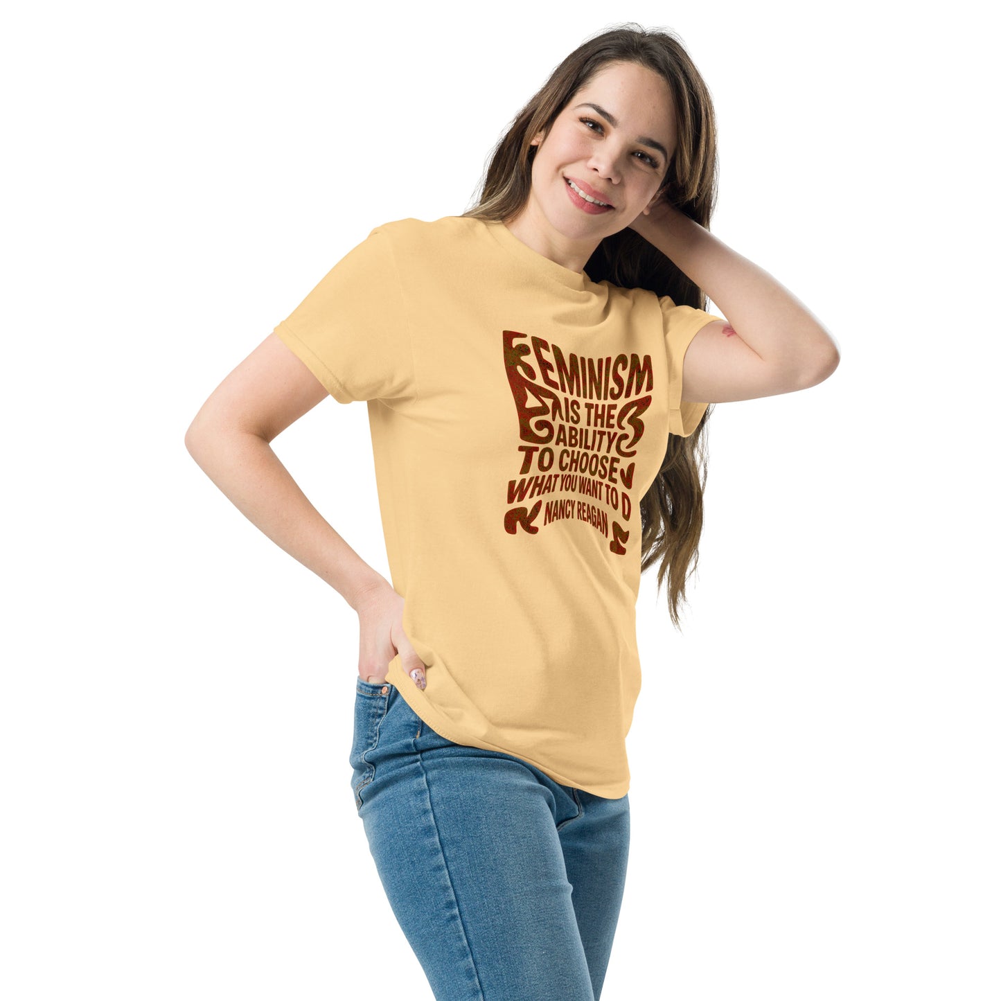 Woman wearing yellow feminist statement t-shirt with brown quote print – Sisterhood Club Collection