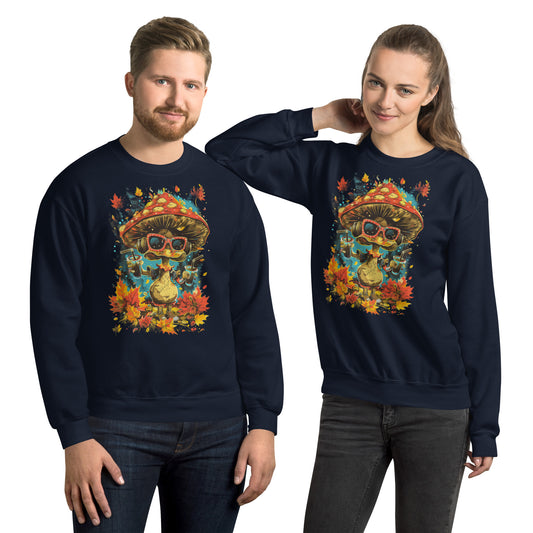 A couple wearing navy crewneck sweatshirts featuring the funky mushroom character with drinks and fall leaves.
