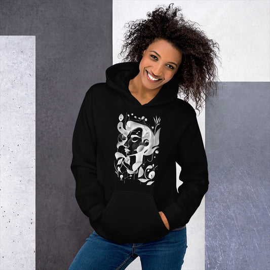 Woman wearing black hoodie with monochrome abstract face design from Mindful Moments Collection