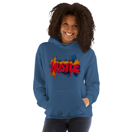 Woman wearing blue Hustle hoodie with streetwear graffiti design