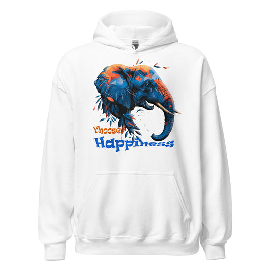 white hoodie with elephant illustration graphic print front view