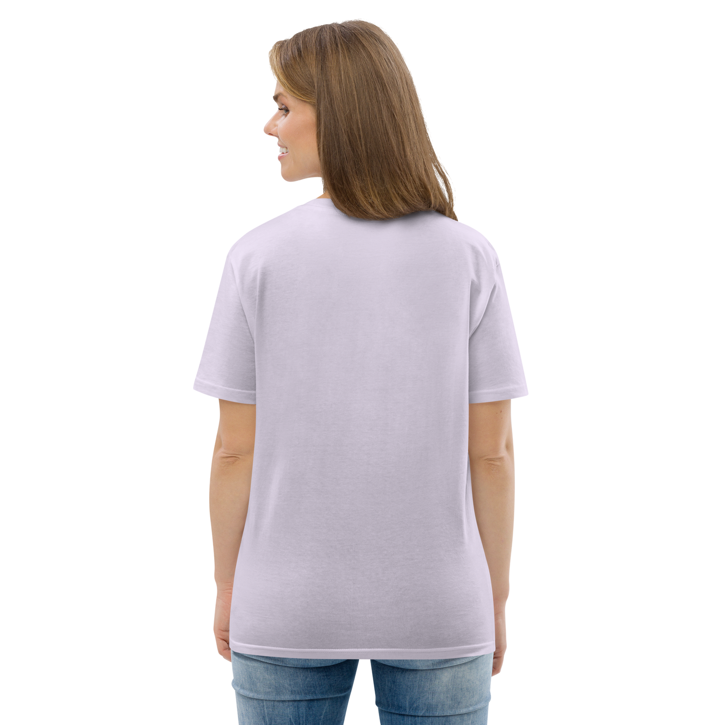 Female model wearing light lavender T-shirt — back view, blank.