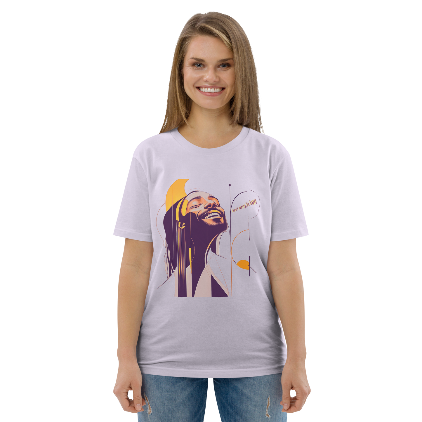 Female model wearing white T-shirt — front print: Bob Marley portrait in purple and yellow with text “Be Happy”.