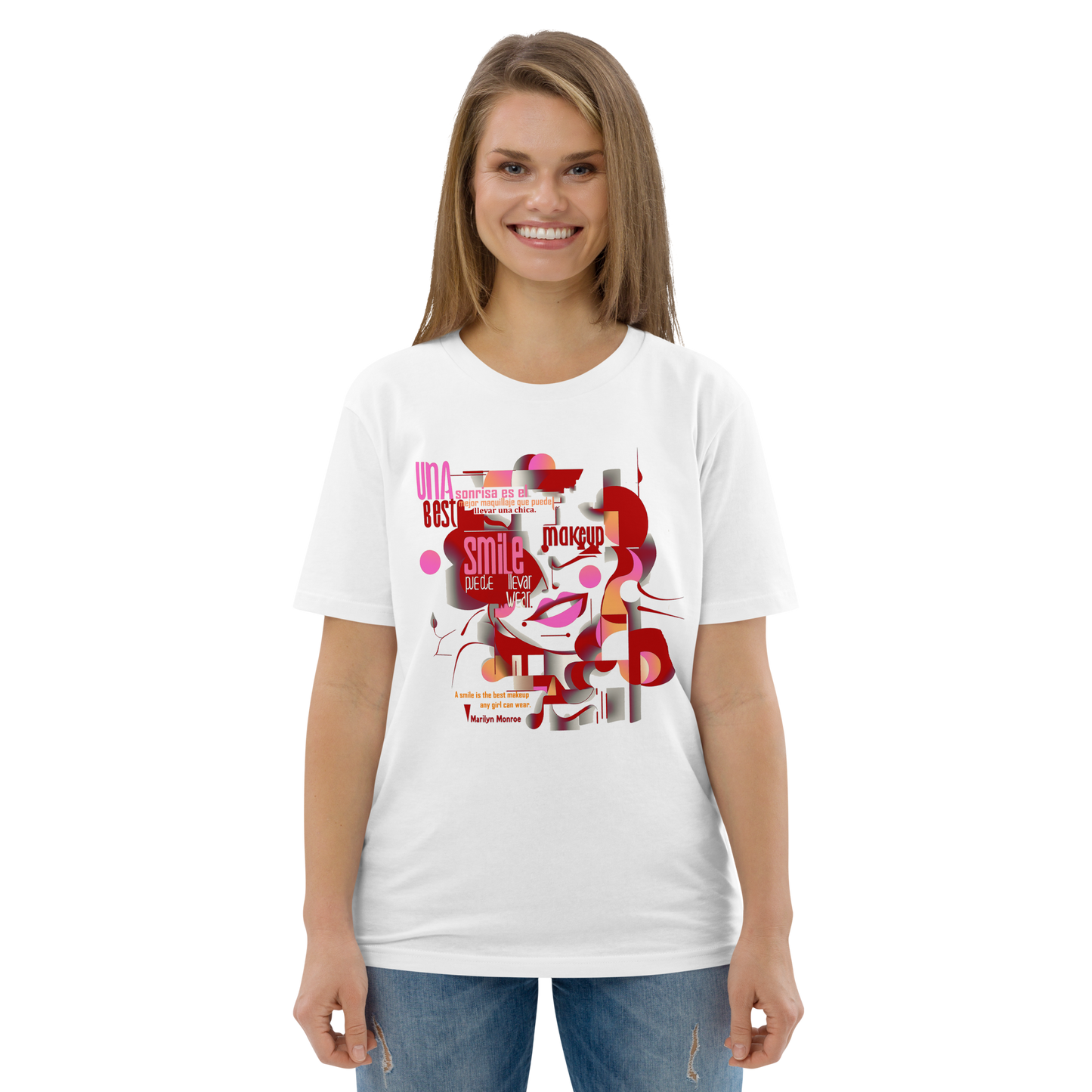 Female model wearing white T-shirt — front print: abstract Marilyn Monroe portrait with quote “A smile is the best makeup any girl can wear. — Marilyn Monroe”